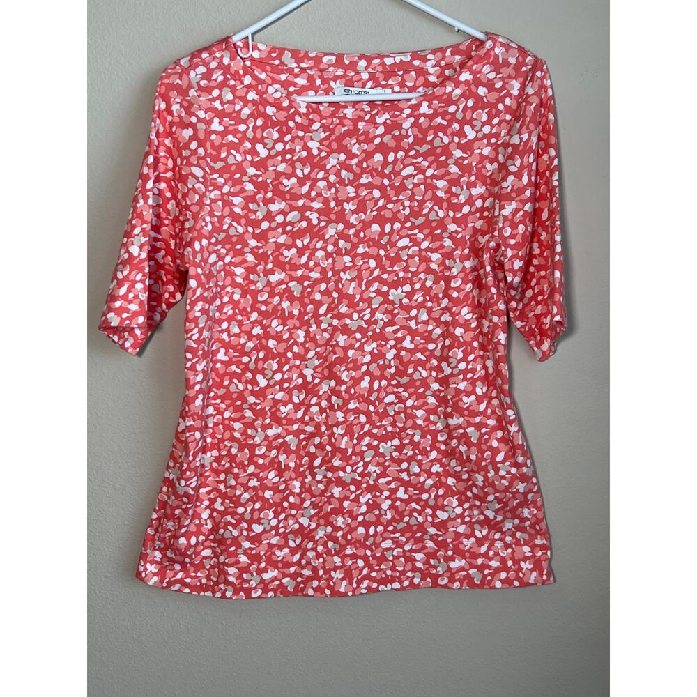 Chico's Coral Micro-Floral Bateau-Neck Tee - Size Large